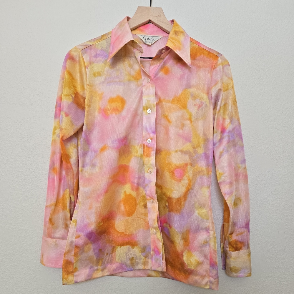 Vintage 70s Lady Manhattan Watercolor Abstract Groovy Pink Blouse